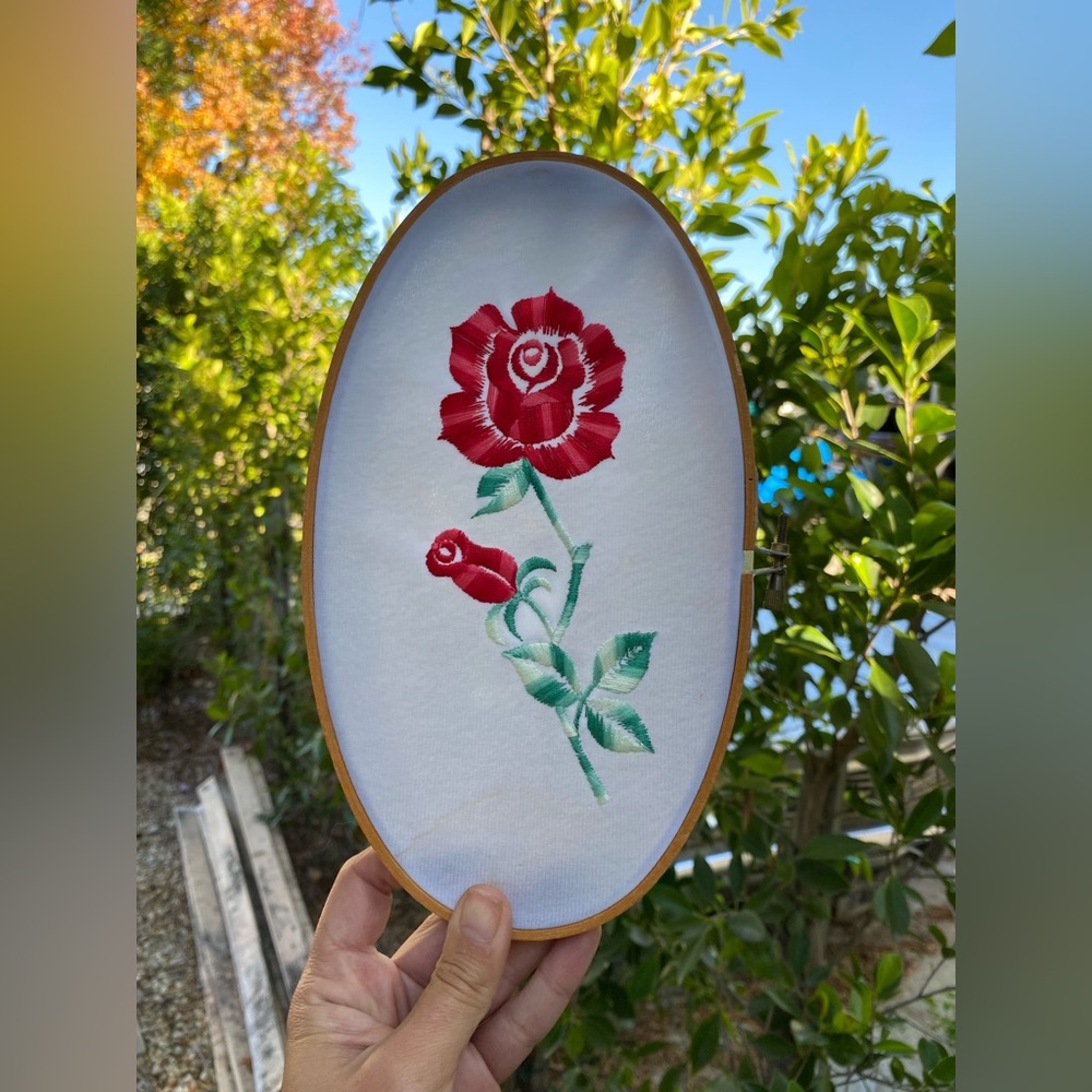 Vintage Embroidered Red Rose Wall Art